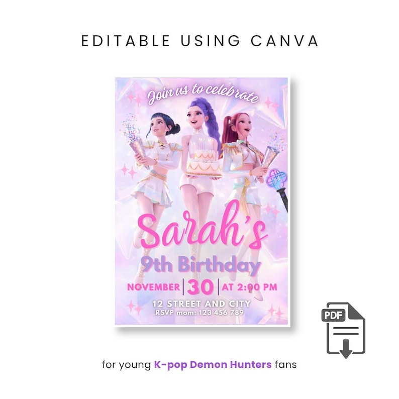 Editable K-pop birthday invite template, Demon Hunters theme, pastel aesthetic party invitation printable 5x7