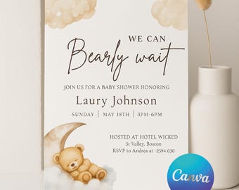 Teddy Bear Baby Shower Invitation: Watercolor Design (Canva Template, 5x7" Printable Invite)