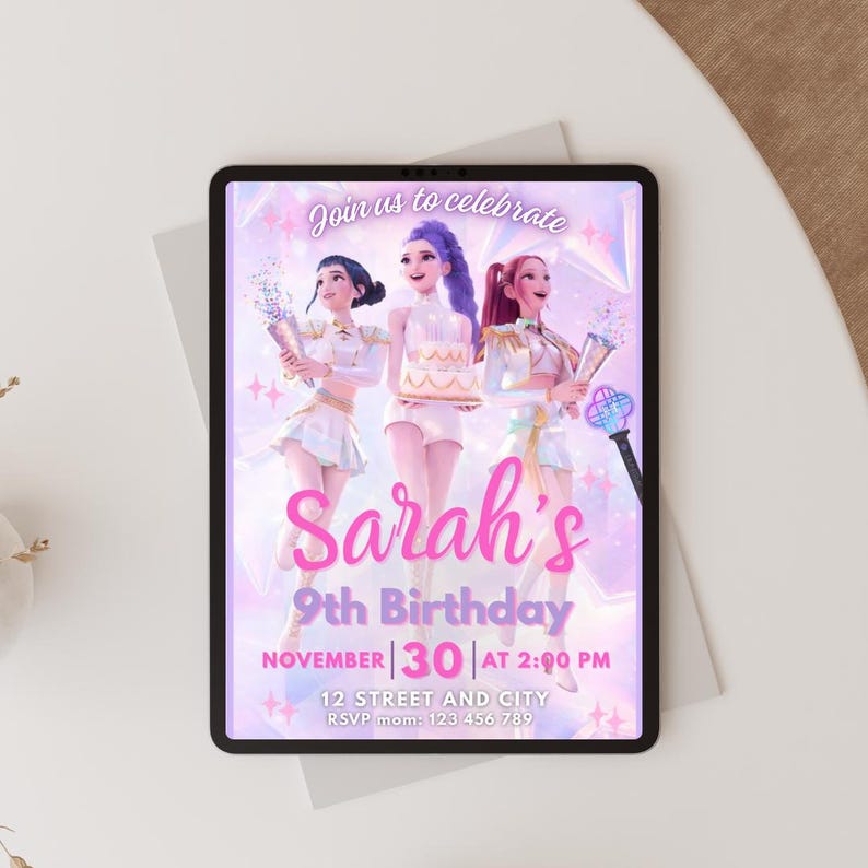 K-pop birthday party invitation for girls, modern pastel design, instant download editable template