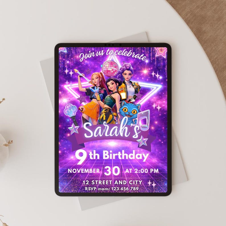 Kpop party invitation printable example, Demon Hunters birthday invite for kids and teens music lovers