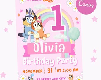 Bluey Geburtstagseinladung Mädchen, Blauer Geburtstag einladen, Bearbeitbare Bluey Party einladen, 5x7 Digital Canva Vorlage