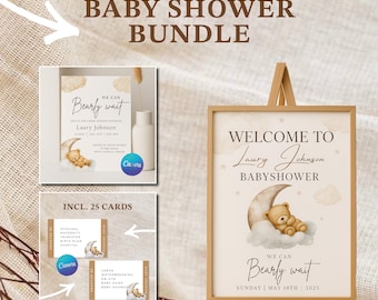 Teddy Bear Baby Shower Bundle: Welcome Sign, Game & Card (Printable Canva Template)