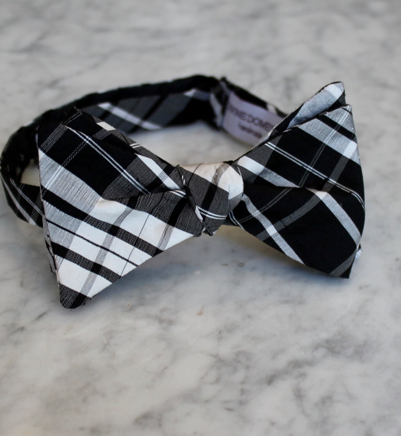 Black and White Plaid Silk Bow Tie Clip on pretied with Etsy