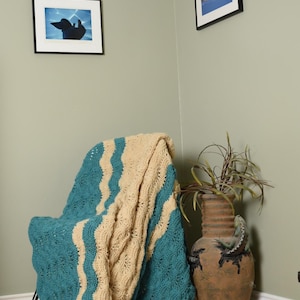 Hand Knit Blanket / Throw / Afghan 44&quot; x 58.5&quot; / Turquoise and Cream / Broken Ripple Design / Cozy
