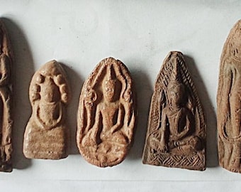 5 x Set Rustic Thai Buddhist Clay Amulets Lucky Charms Blessed Buddha Medallions Thai Amulet