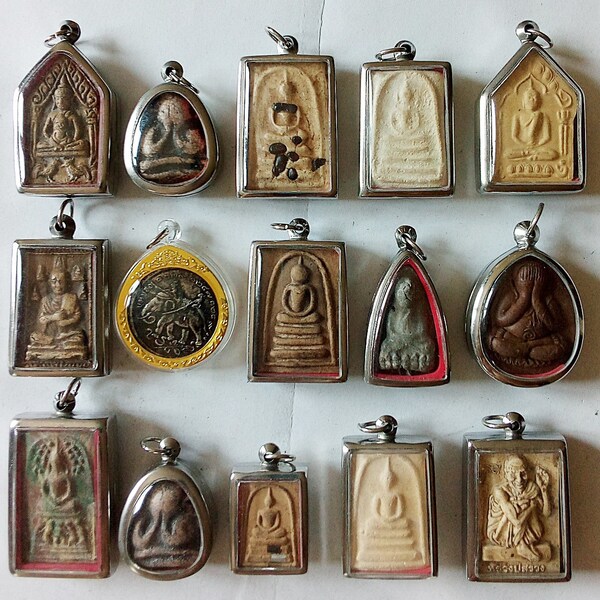 15 Thai Buddhist Buddha Buddhism Clay Amulet Medallions Charms Pendants Set Thai Amulet