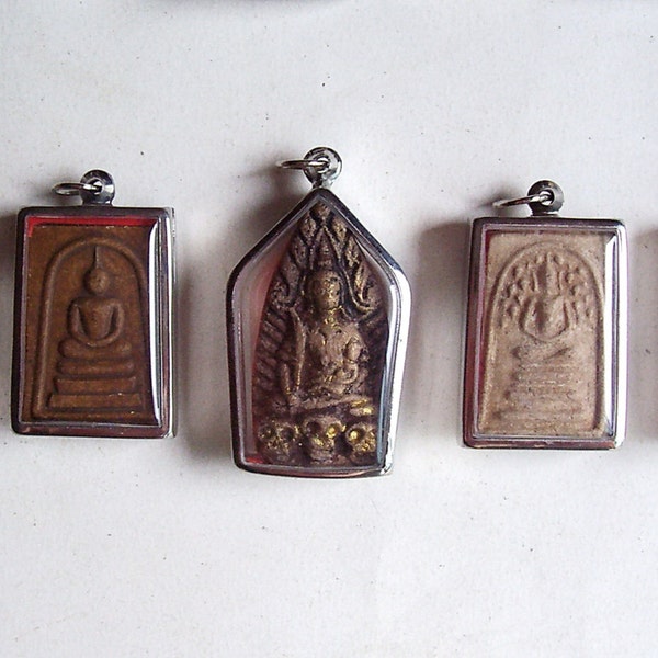 5 Thai Buddhist Buddha Clay Amulet Medallions Pendants Set Jewelry Craft Supplies