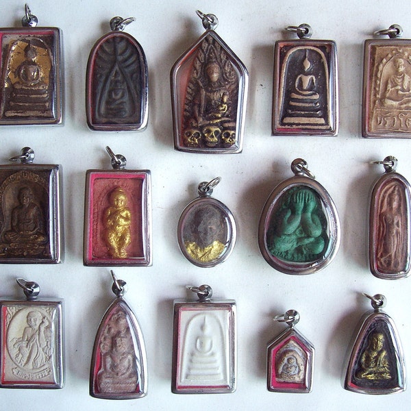 15 Thai Buddhist Buddha Buddhism Clay Amulet Medallions Charms Pendants Set