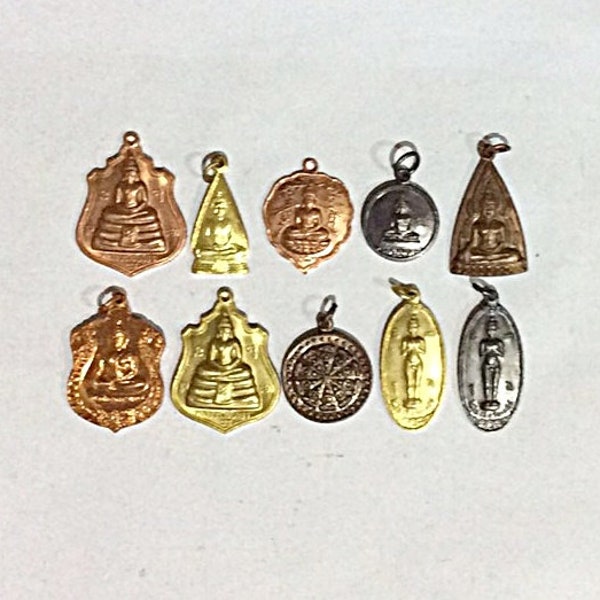 10 Thai Buddhist Buddha Buddhism Lucky Charms Amulet Pendants Set Blessed Brass Medallions Thai Amulet