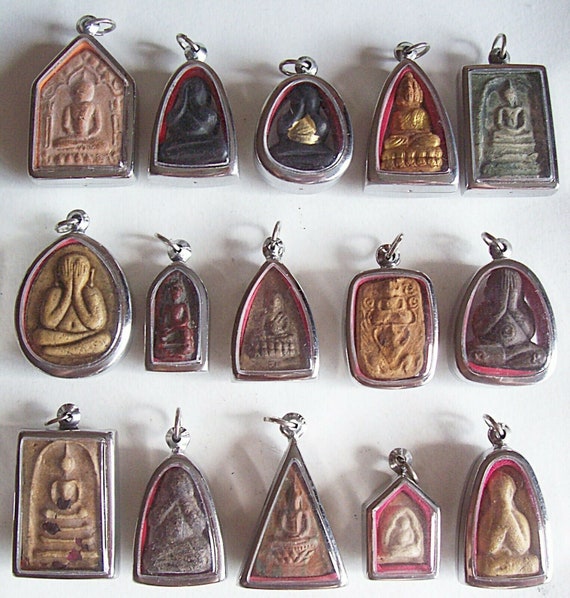 15 Thai Buddhist Buddha Buddhism Clay Amulet Medallions Charms Pendants Set Thai Amulet