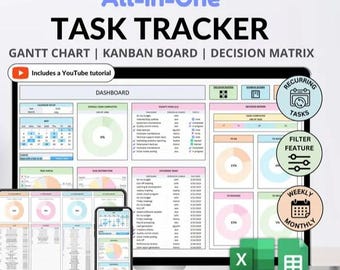 May include: A digital task tracker displayed on a laptop, tablet, and smartphone. The screen shows a dashboard with charts and tables. Text includes "All-in-One Task Tracker," "Gantt Chart," and "Kanban Board." The image also features the text "Instant Download" and "11 Tabs."