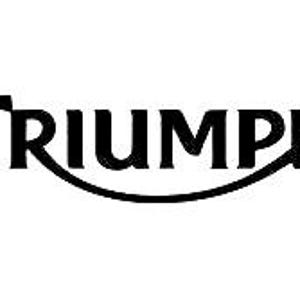 Op de afbeelding: Het woord "TRIUMPH" in een gestileerd zwart lettertype, met een gebogen lijn eronder. Het logo staat op een effen witte achtergrond. Het ontwerp is eenvoudig en gedurfd, geschikt voor branding.