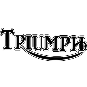 May include: Black and white Triumph logo. The word "TRIUMPH" is in a bold, stylized font with a white outline. A black curved line underlines the word, creating a sense of motion. The logo is set against a white background.
