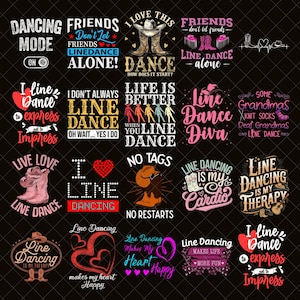 以下が含まれることがあります： カントリー＆ウエスタンをテーマにしたグラフィックデザインのコレクション。 「Line Dance Diva」、「Dancing Mode On」、「I Love This Dance」などのフレーズが特徴です。 カラーパレットはピンク、赤、黒です。