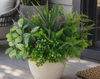 12 Pcs Artificial Outdoor Plants, Fake Lavender Fern Eucalyptus Mix, UV Resistant Faux Greenery for Porch Window Box, Fake Outdoor Flowers