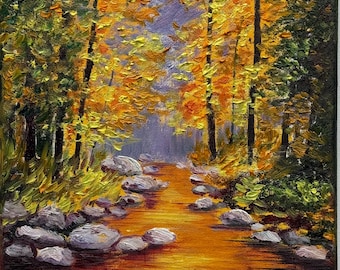 Herbstwald Ölgemälde, Goldener Herbst Landschaftskunst, Original Ölgemälde 20 x 20 cm, Natur Wandkunst, kleine Landschaftsmalerei