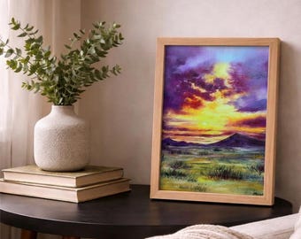 Sunset Landscape Oil Painting Original 30x40 cm | Colorful Sky Art | Impressionist Nature Painting | Wall Art Decor | Handmade Artwork