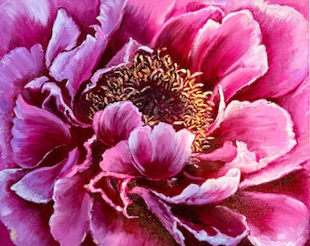 May include: Close-up of a vibrant pink peony flower painting. The petals are a gradient of pink hues, with white highlights and a dark centre. The artwork captures the intricate details of the flower's structure.