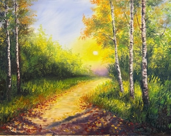 Origineel olieverfschilderij, zonovergoten herfst berkenboslandschap, natuurkunst aan de muur
