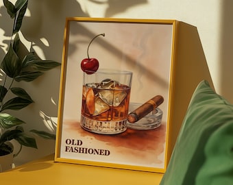 Old Fashioned Cocktail Art Print | Vintage Whiskey Bar Decor (Digital Download)