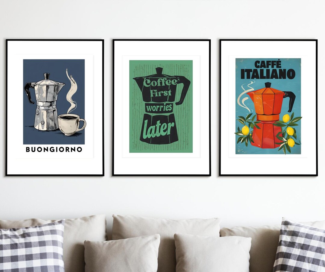 set of 6 kitchen prints coffee print set kitchen art... Retro Italian Coffee Print Set: Moka Pot Kitchen Art (digital Download ...