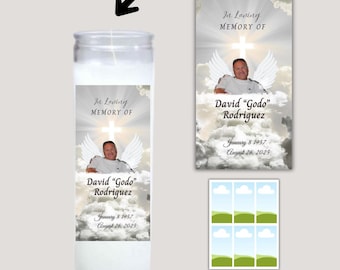 Plantilla de etiqueta para vela funeraria, conmemorativa, vela blanca alta, 6 por hoja, (editable en Canva)
