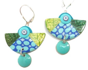 Dangle Earrings handmade in polymer clay Blue Green, artisan made jewelry, unique gift for a woman