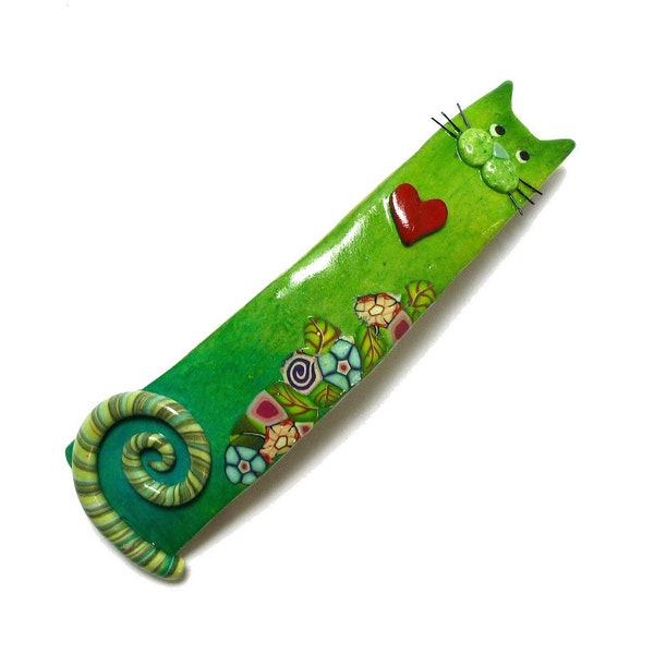 CAT Hair BARRETTE French clip, fun green cat handmade polymer clay clip, cat collectible, Christmas gift for her, cat lovers gift, clip chat
