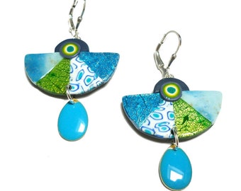 Dangle Earrings Handmade in polymer clay, artisan made jewelry, unique gift, Boho earrings in Polymer Clay