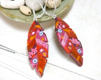 Long Feather Earrings handmade in polymer clay,  artisan made Gift for a woman, Southwestern earrings