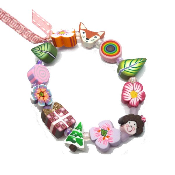 Girl's Stretch Bracelet, Flower girl gift, child jewelry, junior bridesmaid gift idea for a little girl, artisan polymer clay Handmade beads