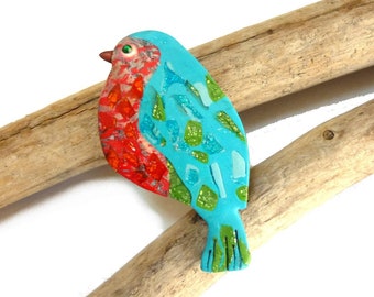 Blue green red robin Bird brooch handmade in polymer clay, bird pin jewelry for woman, artisan made brooch, lightweight unique brooch