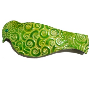 Green Bird Barrette: Handmade Polymer Clay Hair Clip - Made in France