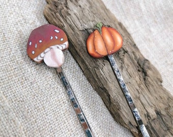 Bobby pins Pumpkin Mushroom handmade polymer clay hair pins 2 inch, Christmas gift for girl, Hair Accessory, handmade Colorful Bobby Pins