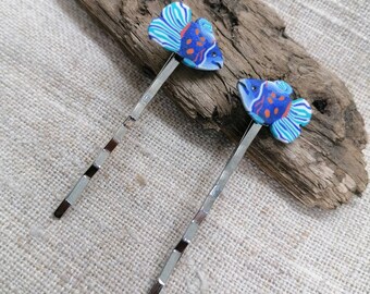 Bobby pins blue Fishes handmade polymer clay hair pins 2 inches, gift for girl, Hair Accessory, handmade Colorful Bobby Pins