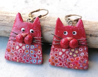 Cats earrings Cat gift handmade Cats jewelry in polymer clay, Dangle earrings, Gift for cats lover