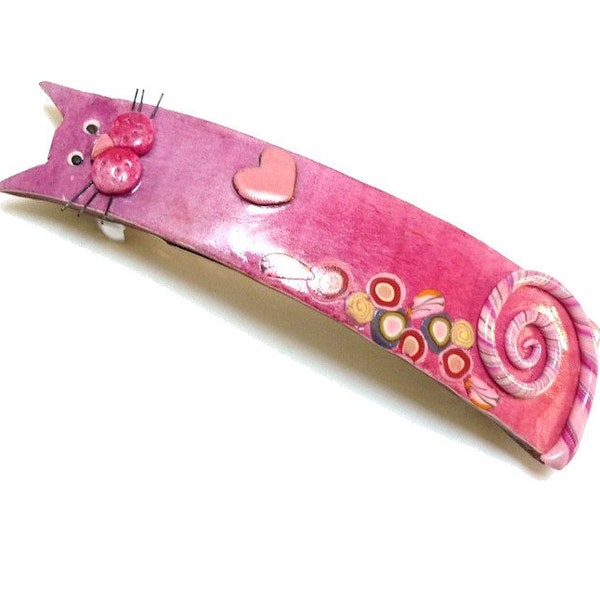 pink purple CAT Hair BARRETTE French CLIP, handmade polymer clay cat collectible Christmas gift for her, cat lovers gift idea for girl, chat