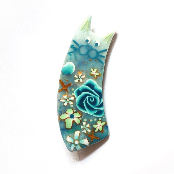 Blue cat brooch, Animal jewelry, Cat pin named PAULO, Handmade BLUE PASTEL kitty, turquoise white gold, gift for cat lovers, cat collectible
