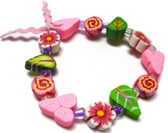 Stretch Bracelet for a girl handmade beads in polymer clay, Birthday Gift for girl, Child bracelet 6 inches