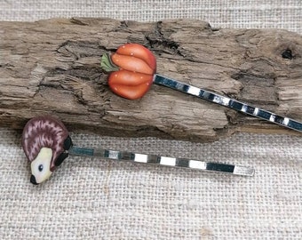 Bobby pins Pumpkin Hedgehog handmade polymer clay hair pins 2 inches, gift for a girl, Hair Accessory, handmade Colorful Bobby Pins