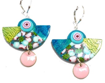 Colorful Dangle Earrings handmade, Abstract jewelry in polymer clay, Pink Blue Green