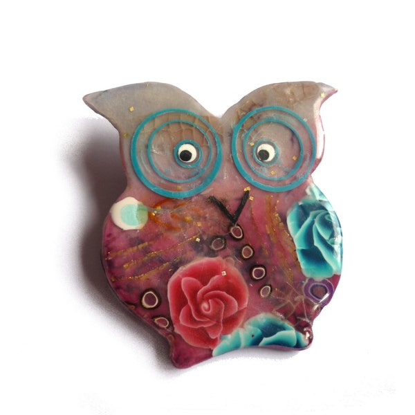 Animal brooch Owl brooch - Broche chouette hibou  - owl collectables - wearable art polymer clay - owl collectibles  Purple pink Turquoise