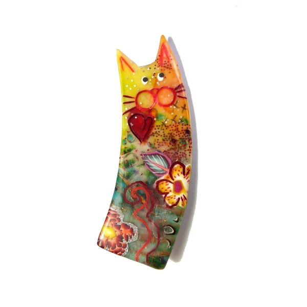 Cat brooch MARTHA - Unique Art Brooch - polymer clay cat  - red HEART- Yellow  orange, coral, red green - BROCHE chat - cat collectibles