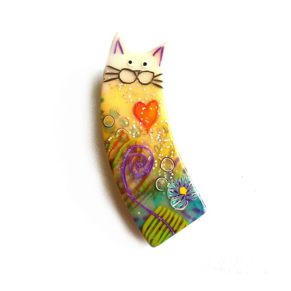 Cat brooch NESTOR- Unique Art Brooch - polymer clay kitty, purple, yellow, green, white, blue, red heart, chat