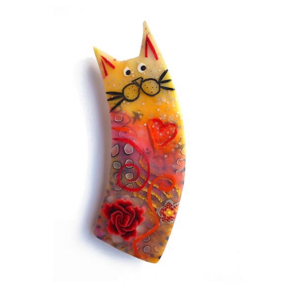 Cat brooch ELISA - Unique Art Brooch - polymer clay kitty, orange yellow red, chat - OOAK