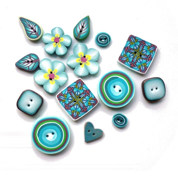 handmade buttons Flower Leaf spriral kaleidoscope TURQUOISE - Set of 15 - turquoise yellow green brown pink - polymer clay