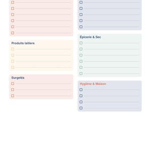 May include: A grocery list planner titled Liste de Courses with a green header and six pastel-colored sections labeled Fruits & Légumes, Viande, Poisson & Œufs, Produits laitiers, Épicerie & Sec, Surgelés, and Hygiène & Maison, each with checkboxes.