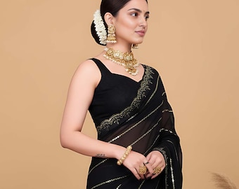 Black Color Saree, Elegant Georgette Saree | Sequin Embroidery, Indian Wedding Outfit