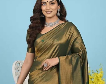 Green Color Saree, Kanjivaram Lichi Silk Saree | Banarasi Indian Wedding Sari