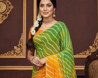 Gedruckt Leheriya Georgette Saree | Bollywood Party Wear Designer Saree